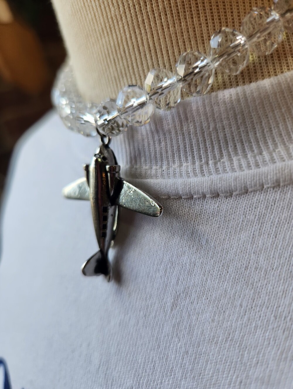 Silver Airplane Pendant Necklace with Clear Beads - Unisex Jewelry - Picture 13 of 14